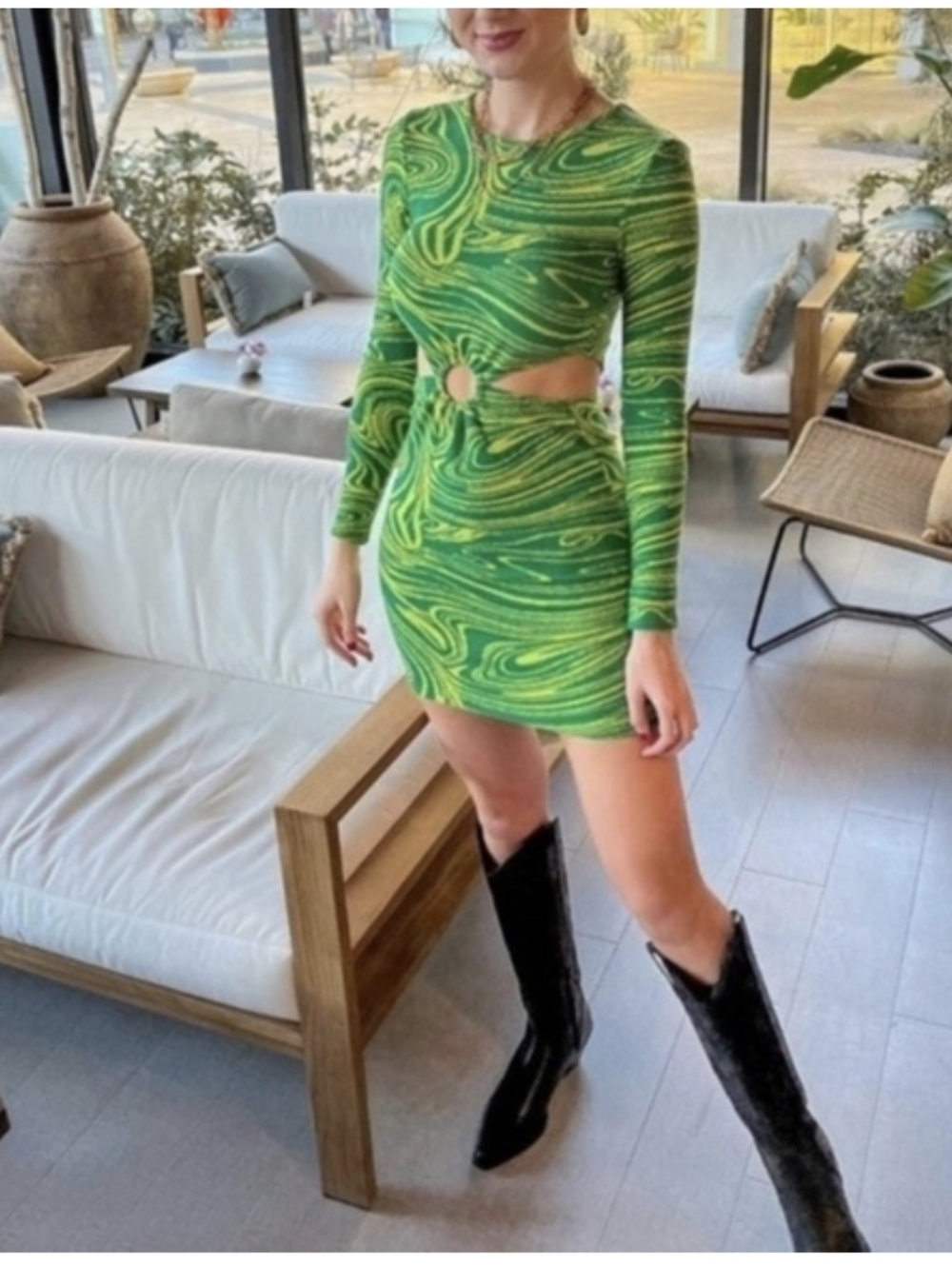 Zara Knit Sweater Mini Dress Cutout Marble Swirl Print Contrast Green S NWOT - Picture 4 of 6